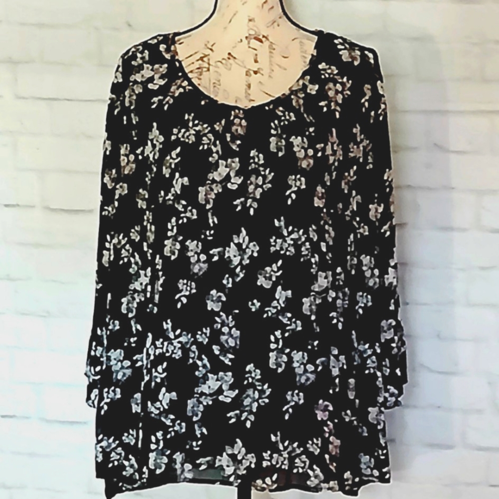 Simply Emma Pleated Chiffon Blouse Black White Green Floral Long Bell Sl…